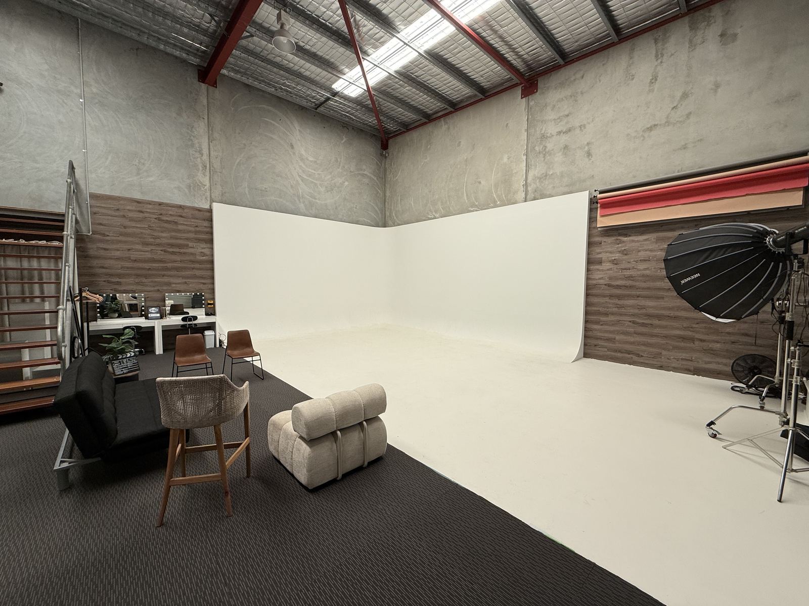 The main studio with the cyclorama wall lit